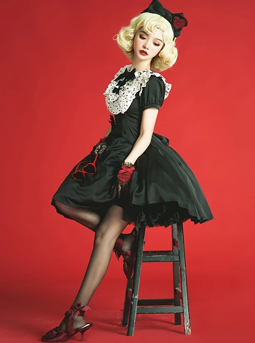 Sweet Lolita Ruffled Round Neck Profile Cute Big Bow Satin HeartShooting Short Sleeve A-Line Dress 8 Sweet Lolita Ruffled Round Neck Profile Cute Big Bow Satin HeartShooting Short Sleeve A-Line Dress - Image 6