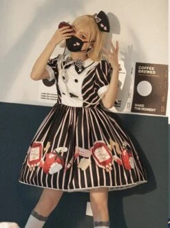 Striped Bow Doll Collar Detachable Sleeves Strawberry Blood Bag Syringe Print Striped Halloween Sweet Lolita Long Sleeve Dress -MIMY Lolita Shop 8 500x672 179
