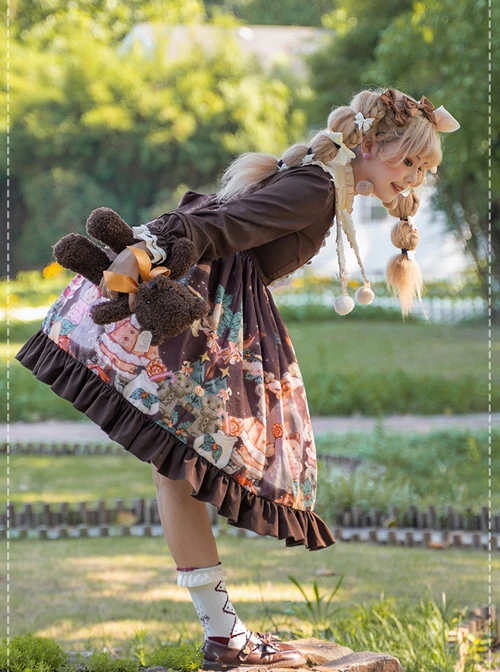 Christmas Bear Series OP Cute Printing Plush Ball Ruffle Pointed Collar Sweet Lolita Brown Long Sleeve Dress 3 Christmas Bear Series OP Cute Printing Plush Ball Ruffle Pointed Collar Sweet Lolita Brown Long Sleeve Dress