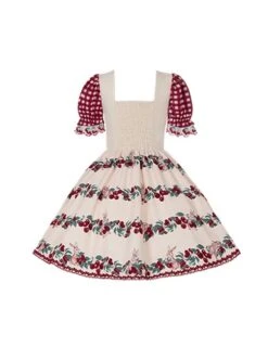 Midsummer Orchard Series Pastoral Style Ruffle Red Cherry Bunny Print Sweet Lolita Checkered Puff Sleeves Dress -MIMY Lolita Shop 8 500x672 197