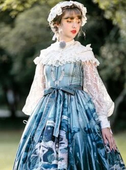 Echo Voice Series SP Printing Back Placket V Collar Cuff Drawstring Tea Party Style Classic Lolita Lace Long Sleeves Dress -MIMY Lolita Shop 8 500x672 206