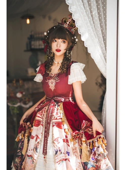 Wanhua Mirror Series Classical Elegant Square Neck Small Fly Sleeve Design Retro Oil Painting Print Ruffle Hem Classic Lolita Short Sleeve Dress 10 Wanhua Mirror Series Classical Elegant Square Neck Small Fly Sleeve Design Retro Oil Painting Print Ruffle Hem Classic Lolita Short Sleeve Dress - Image 8