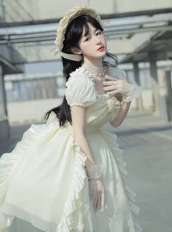 Spring Summer Pure Color Puff Sleeve Elegant Bowknot Decoration Detachable Trailing Classic Lolita Short-Sleeved Dress -MIMY Lolita Shop 8 500x672 228