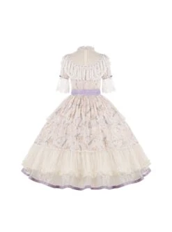 Edwardian Collar Bowknot Decoration Puff Sleeves Lace Ruffles Exquisite Printing Mosaic Crystal Yarn Classic Lolita Short-Sleeved Dress -MIMY Lolita Shop 8 500x672 269
