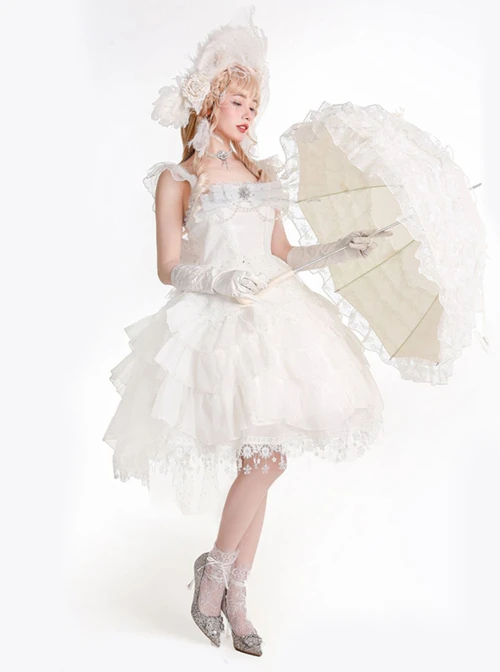 Snow Series JSK Solid Color Layered Pleated Lace Jacquard Star Embroidery Hem Bow Knot Decoration Sequin Pearl Classic Lolita Dress 9 Snow Series JSK Solid Color Layered Pleated Lace Jacquard Star Embroidery Hem Bow Knot Decoration Sequin Pearl Classic Lolita Dress - Image 7