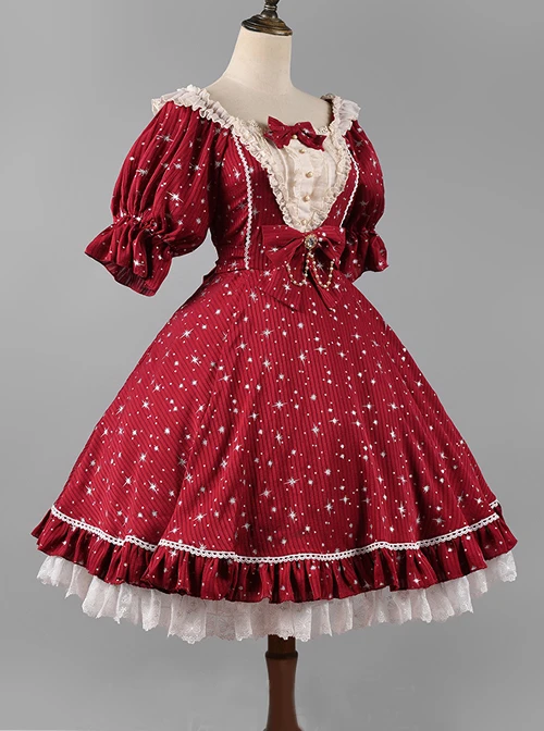 Classic Lolita Retro Solid Color Star Shape Embellishment Design Pleated Neckline Bow Knot Decoration Short Sleeve Dress 9 Classic Lolita Retro Solid Color Star Shape Embellishment Design Pleated Neckline Bow Knot Decoration Short Sleeve Dress - Image 7