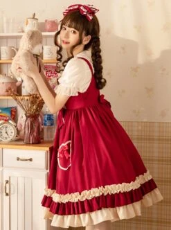Hawthorn Milk Cover Series Red Cute Daily Lace Bow-Knot Love Heart Decoration Ruffle Hem Classic Lolita Sleeveless Dress -MIMY Lolita Shop 8 500x672 319