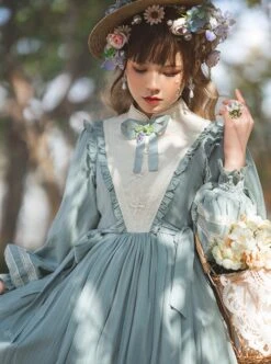 Classic Lolita Simple Jacquard Lace Embroidery Pleated Ruffle Pure Cotton Bow Brooch Decoration Long Sleeves Dress -MIMY Lolita Shop 8 500x672 326