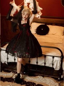 Floating Moon Dark Night Series JSK Dark Night Black Organza Gothic Lolita Sling Dress -MIMY Lolita Shop 8 500x672 33