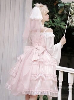 Star Yarn Love Song Series JSK Pure Color Three Stage Cake Hem Oversized Bowknot Trailing Classic Lolita Sleeveless Dress -MIMY Lolita Shop 8 500x672 330