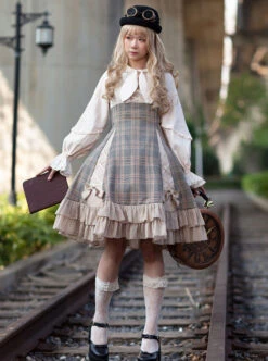 Backlight Memories Record Grey Khaki Check Design Cross Tie Bow Knots Grace Pleated Lace Classic Lolita Slip Dress -MIMY Lolita Shop 8 500x672 336