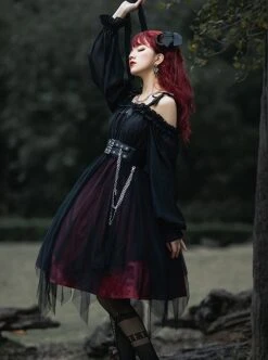 Girl Killer Series Dark Sweet Cool Irregular Halloween Crape Ruffle Bowknots Belt Chain Gothic Lolita Long Sleeves Dress -MIMY Lolita Shop 8 500x672 36
