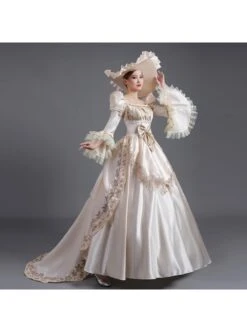 Champagne Square Collar Long Sleeve Lace Bow Shirring Hem Court Prom Lolita Dress -MIMY Lolita Shop 8 500x672 370