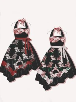 Large Bow High Waist Print Elegant Halter Detachable Belt Irregular Gothic Lolita Sleeveless Dress -MIMY Lolita Shop 8 500x672 39