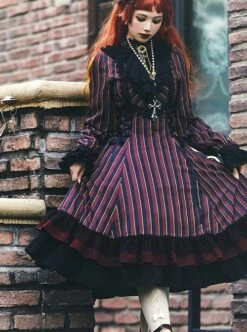 Gothic Style Elegant Retro Stand Collar Stripe Contrasting Color Slim Fit Gothic Lolita Long Sleeve Dress -MIMY Lolita Shop 8 500x672 50