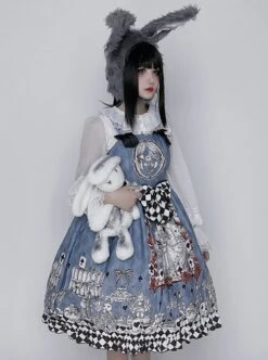 Gothic Style Alice Poker Black-White Plaid Printing Gray Blue Gothic Lolita Sleeveless Dress -MIMY Lolita Shop 8 500x672 59