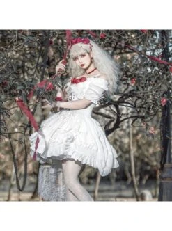 Letters And Poems Gunpowder Series White Pleated Lace Jacquard Drawstring Red Rose Embellishment PU Personalized Girdle Gothic Lolita Dress Set -MIMY Lolita Shop 8 500x672 60