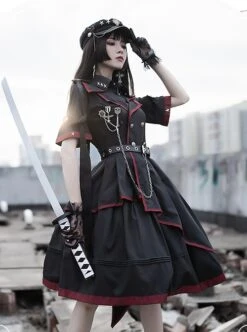 The Loser Of The Army Eats Dust Series OP Military Style Gothic Lolita Metal Belt Decoration Short Sleeve Dress Set -MIMY Lolita Shop 8 500x672 65