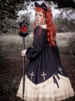 Starry Night Series Round Neck Bowknot Cute Girly Cross Embroidery Ruffle Hem Gothic Lolita Long Sleeve Dress -MIMY Lolita Shop 8 500x672 66