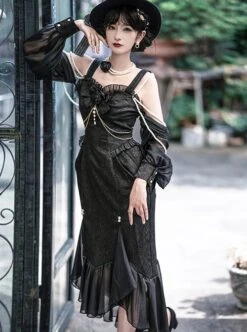 Camellia Series Elegant Black Rose Flower Bow Bead Chain Decoration Irregular Fishtail Hem Gothic Lolita Dress -MIMY Lolita Shop 8 500x672 67