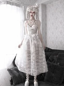 Perspective White Lace Hem Design Asymmetric Stitching V-Neck Detachable Pentagram Accessories Gothic Lolita Sleeveless Dress -MIMY Lolita Shop 8 500x672 7