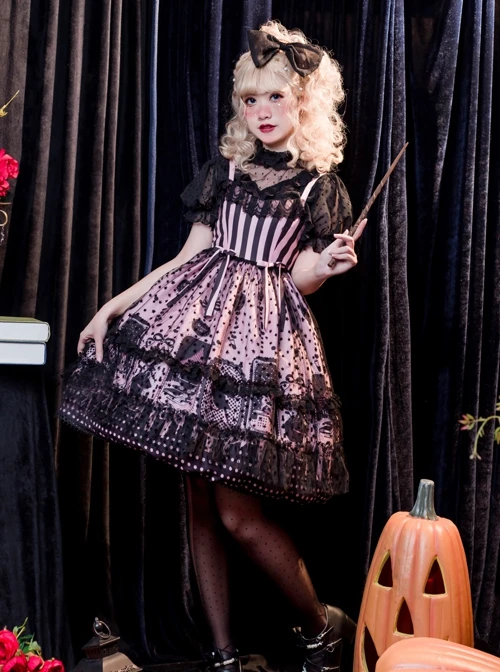 Striped Witch Cat Print Detachable Black Star Lace Net Yarn Halloween Gothic Lolita Sleeveless Dress 5 Striped Witch Cat Print Detachable Black Star Lace Net Yarn Halloween Gothic Lolita Sleeveless Dress - Image 3