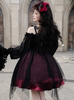Solid Color Two-Wear Off-The-Shoulder Lantern Sleeve Metal Chain Waistband Irregular Hem Gothic Lolita Long-Sleeved Dress -MIMY Lolita Shop 8 500x672 76