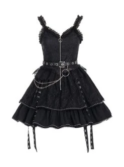 Imprisonment Song Series Silver Chain Leather Belt Sweet Cool Dark Black Punk Gothic Lolita Vest Puff Sleeves Dress Set -MIMY Lolita Shop 8 500x672 83