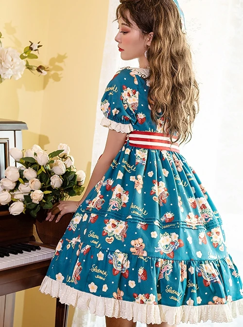 Doll Collar Lace Bear Strawberry Print Puff Sleeve Bow Red And White Striped Belt Sweet Lolita Short Sleeve Dress 3 Doll Collar Lace Bear Strawberry Print Puff Sleeve Bow Red And White Striped Belt Sweet Lolita Short Sleeve Dress