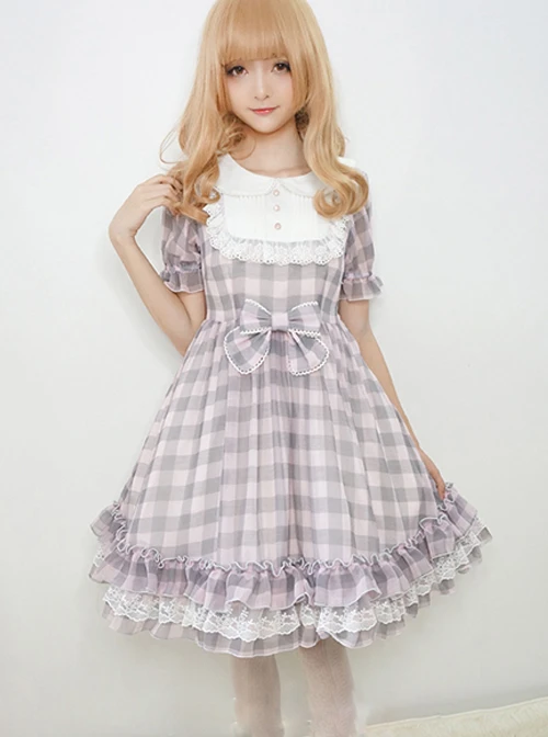Plaid Chiffon Doll Collar Sweet Lolita Short Sleeve Dress 7 Plaid Chiffon Doll Collar Sweet Lolita Short Sleeve Dress - Image 5