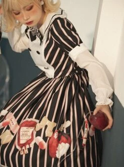 Striped Bow Doll Collar Detachable Sleeves Strawberry Blood Bag Syringe Print Striped Halloween Sweet Lolita Long Sleeve Dress -MIMY Lolita Shop 9 500x672 120