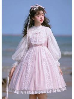 Sugar Dream Series JSK Spring Autumn High Waist Short Sleeve Pink Lace Bow Elegant Sweet Lolita Sling Long Dress And Bib -MIMY Lolita Shop 9 500x672 125
