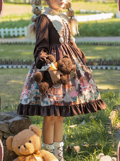Christmas Bear Series OP Cute Printing Plush Ball Ruffle Pointed Collar Sweet Lolita Brown Long Sleeve Dress 11 Christmas Bear Series OP Cute Printing Plush Ball Ruffle Pointed Collar Sweet Lolita Brown Long Sleeve Dress - Image 9