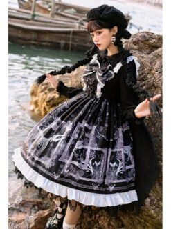 Lost Dreams Series JSK Bowknot Retro Printing Darkness Gothic Lolita Sling Dress -MIMY Lolita Shop 9 500x672 17