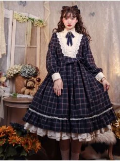 Elegant Vintage Check Woolen Fabric Ruched Ruffled Lace Trim White Lace Jacquard V Neckline Classic Lolita Long Sleeve Dress 20 Elegant Vintage Check Woolen Fabric Ruched Ruffled Lace Trim White Lace Jacquard V Neckline Classic Lolita Long Sleeve Dress -MIMY Lolita Shop 9 500x672 193