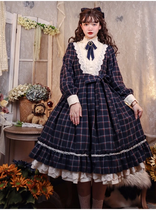 Elegant Vintage Check Woolen Fabric Ruched Ruffled Lace Trim White Lace Jacquard V Neckline Classic Lolita Long Sleeve Dress 10 Elegant Vintage Check Woolen Fabric Ruched Ruffled Lace Trim White Lace Jacquard V Neckline Classic Lolita Long Sleeve Dress - Image 8