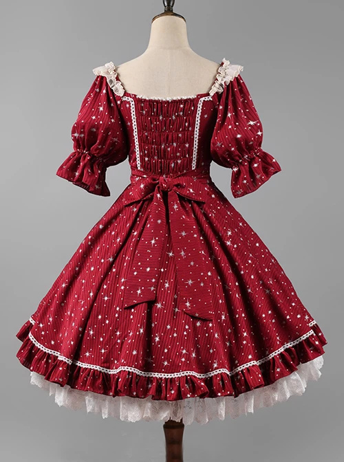 Classic Lolita Retro Solid Color Star Shape Embellishment Design Pleated Neckline Bow Knot Decoration Short Sleeve Dress 6 Classic Lolita Retro Solid Color Star Shape Embellishment Design Pleated Neckline Bow Knot Decoration Short Sleeve Dress - Image 4