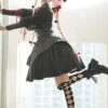 Dark Solid Gothic Halloween Style Irregular Cut At The Hem Bow Belt Decoration Lolita Witch Dress Set