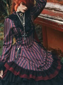 Gothic Style Elegant Retro Stand Collar Stripe Contrasting Color Slim Fit Gothic Lolita Long Sleeve Dress -MIMY Lolita Shop 9 500x672 35