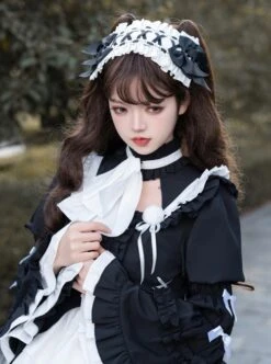 Contract Phantom Night Stone Series Gothic Girl Court Style Black White Detachable Sleeves Gothic Lolita Short-Sleeved Dress -MIMY Lolita Shop 9 500x672 50
