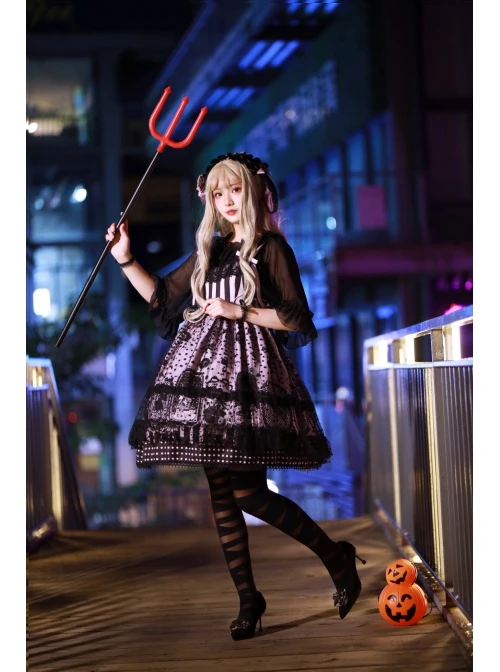 Striped Witch Cat Print Detachable Black Star Lace Net Yarn Halloween Gothic Lolita Sleeveless Dress 7 Striped Witch Cat Print Detachable Black Star Lace Net Yarn Halloween Gothic Lolita Sleeveless Dress - Image 5