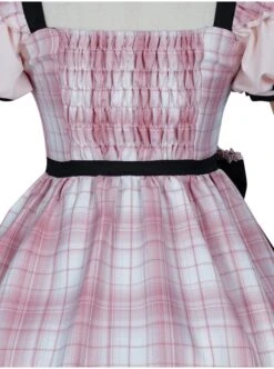Tsubaki Sakura Series OP Idol Singing Clothes Black Sweet Pink Plaid Sweet Lolita Short Sleeve Dress -MIMY Lolita Shop 9 500x672 66