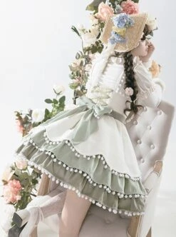 Autumn Winter Special Edition Multicolor Splicing Design Big Bowknot Cute Fur Ball Plaid Snow White Matcha Sweet Lolita Sleeveless Dress JSK -MIMY Lolita Shop 9 500x672 70