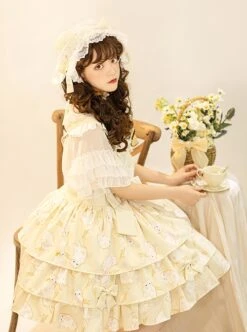 Cream Cat Series Cute Soft Girl Daily Ruffled Bow Kitten Print Sweet Lolita Dress -MIMY Lolita Shop 9 500x672 85